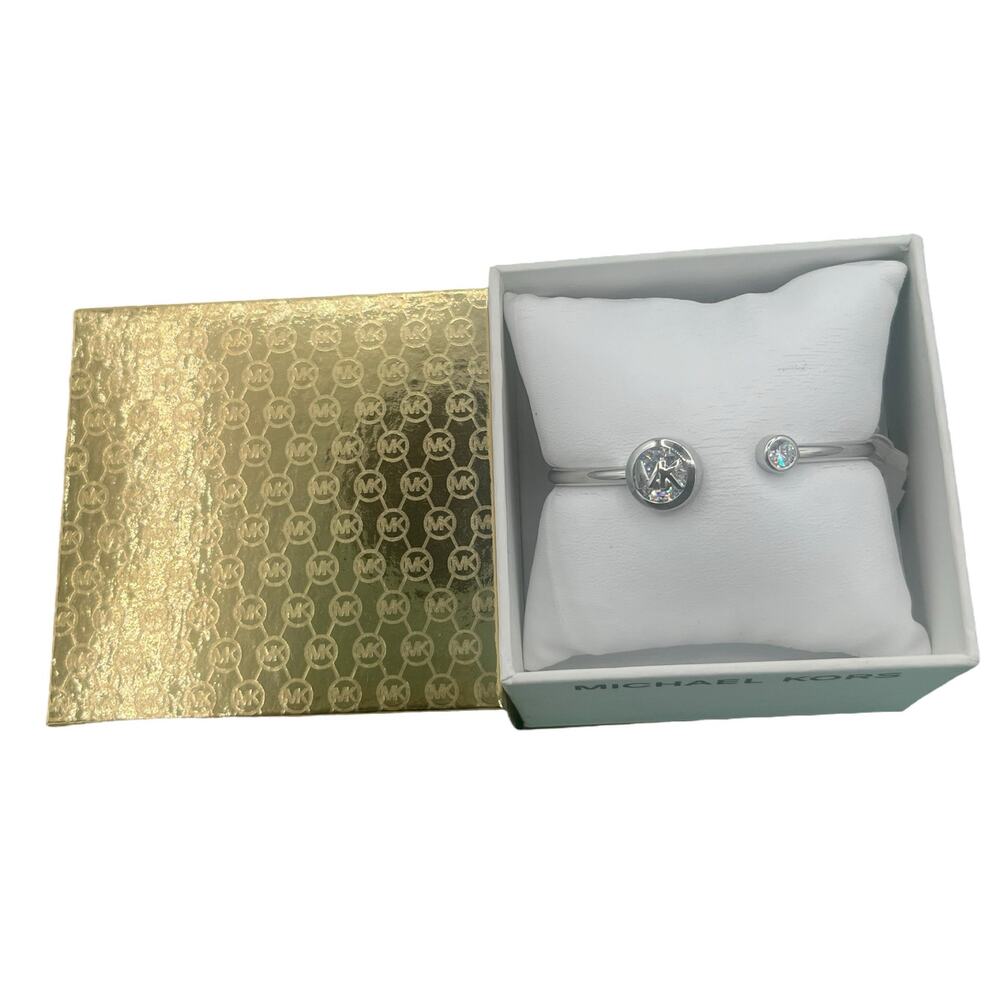 Michael Kors Women's Rose Silver-Tone Crystal Pave MK Open Cuff Bracelet